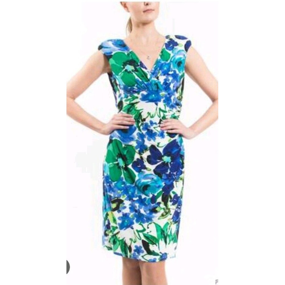 Lauren Ralph Lauren Dress Womens 6 Blue Floral Wrap Knee Length Ruched